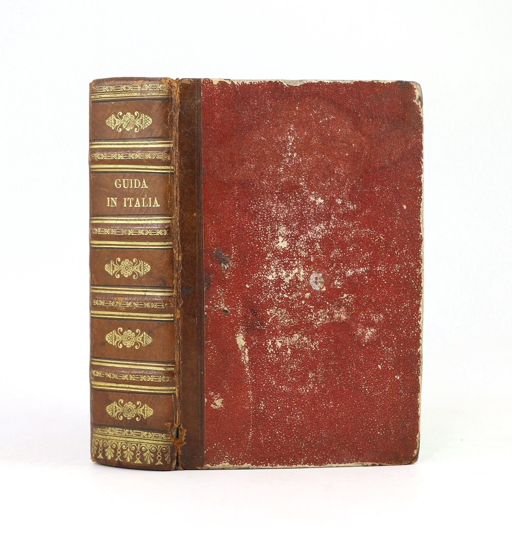 (Italy) Nuovissima Guida del Viaggiatore in Italia.....20 (mostly folded) maps and plans, text vignette illus., half and engraved titles; contemp. leather-backed cloth. Milan, 1845